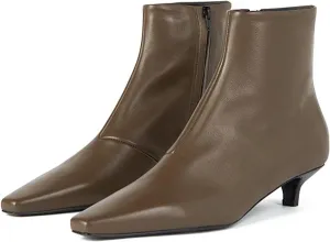 LEMUTISME Women's Classic Square Toe Matte Leather Autumn Winter Side Zipper Elegant Low Low Kitten Heel Ankle Booties