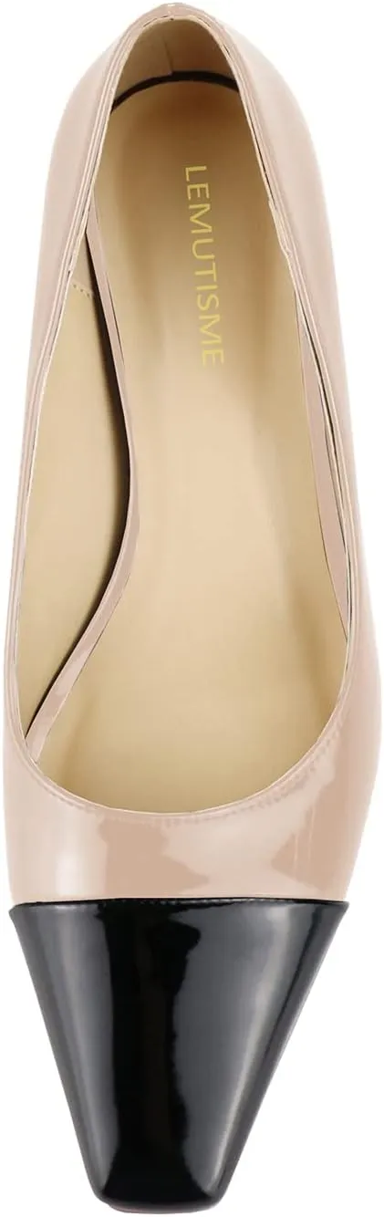 LEMUTISME Women's Fashion Patent Leather Square Cap Toe Elegant Two-Tone Slip On Low Kitten Heel Dress Pumps for Work Party Wedding