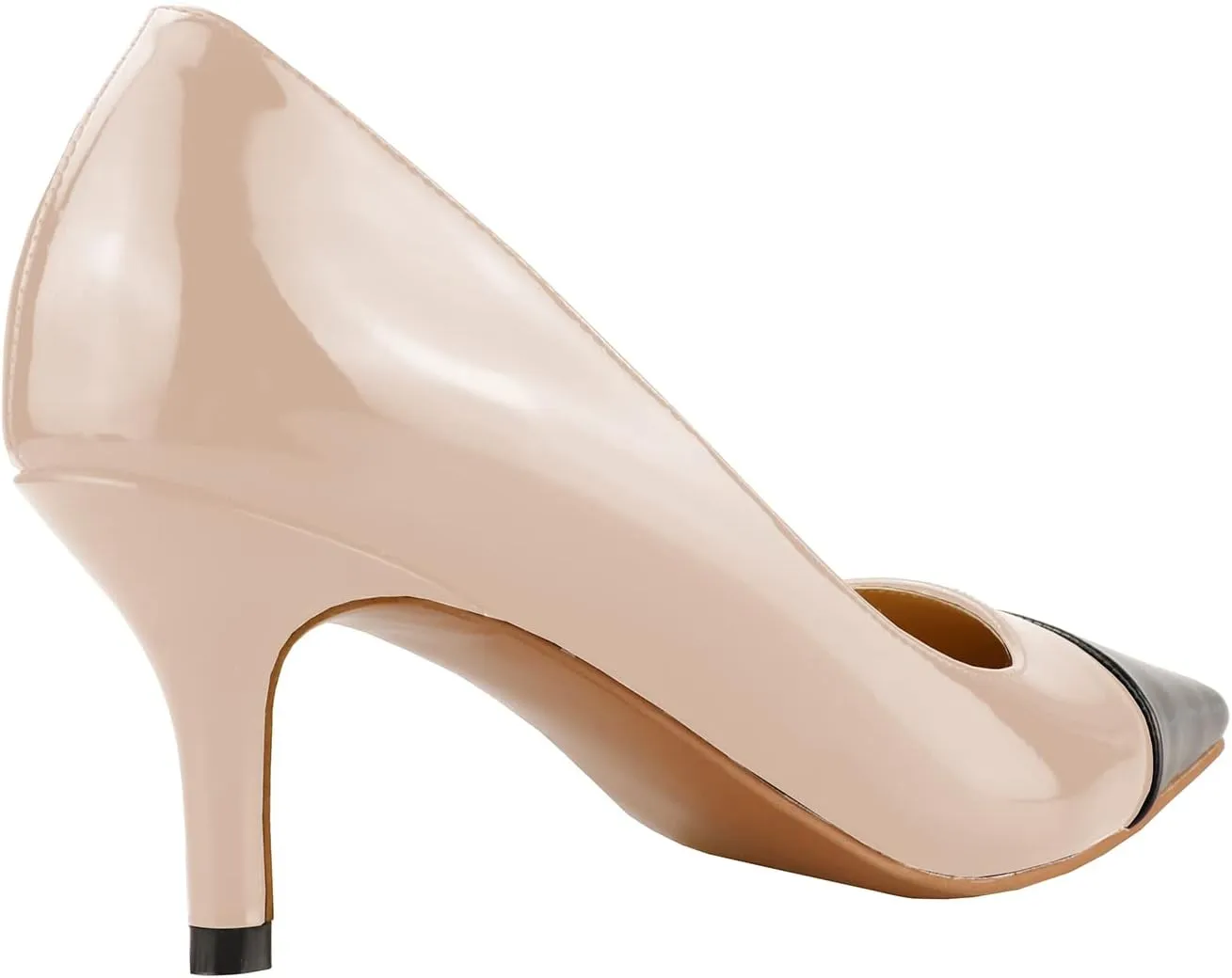 LEMUTISME Women's Fashion Patent Leather Square Cap Toe Elegant Two-Tone Slip On Low Kitten Heel Dress Pumps for Work Party Wedding