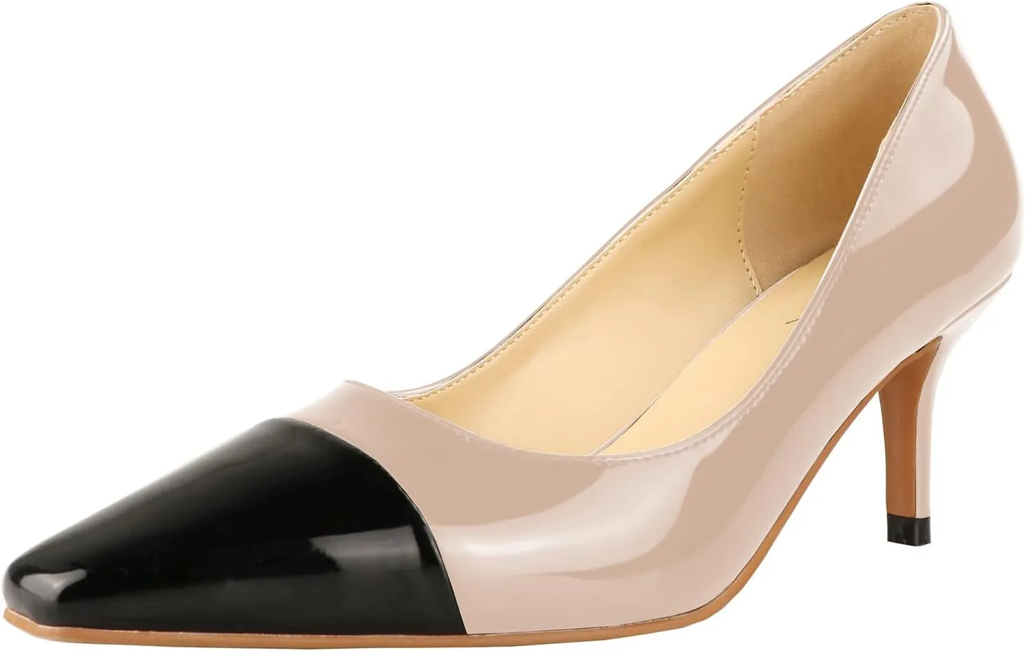 LEMUTISME Women's Fashion Patent Leather Square Cap Toe Elegant Two-Tone Slip On Low Kitten Heel Dress Pumps for Work Party Wedding
