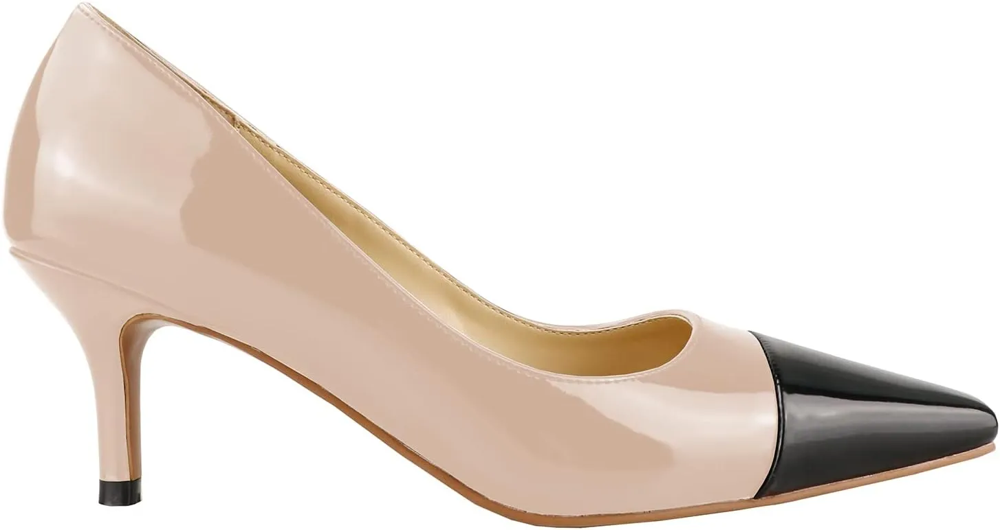 LEMUTISME Women's Fashion Patent Leather Square Cap Toe Elegant Two-Tone Slip On Low Kitten Heel Dress Pumps for Work Party Wedding