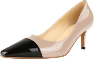 LEMUTISME Women's Fashion Patent Leather Square Cap Toe Elegant Two-Tone Slip On Low Kitten Heel Dress Pumps for Work Party Wedding