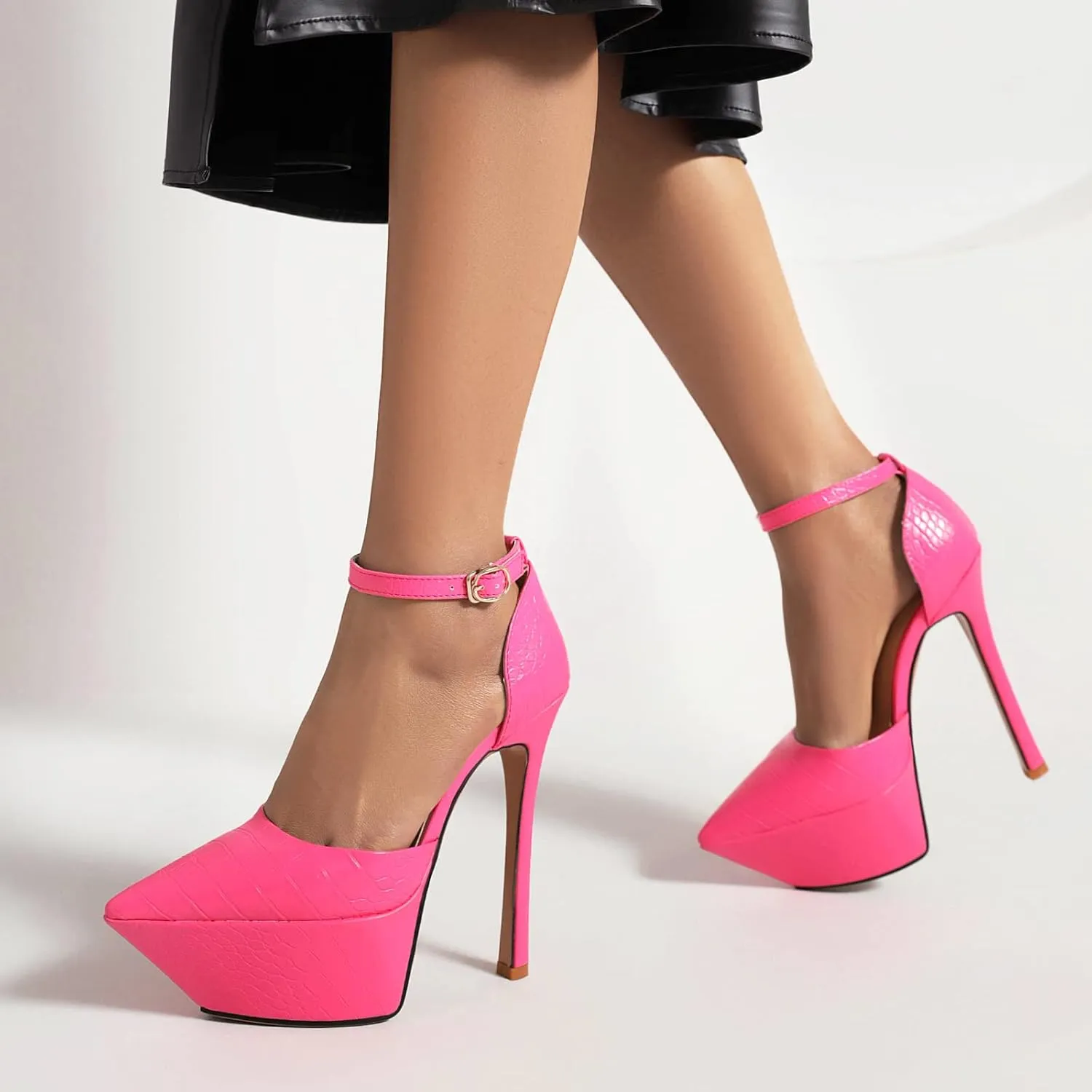 LEMUTISME Women's Sexy Closed Pointed Toe Ankle Strap Platform Stiletto Dress Pumps Chic Crocodile Printed Cut-out High Heels Party Club Shoes