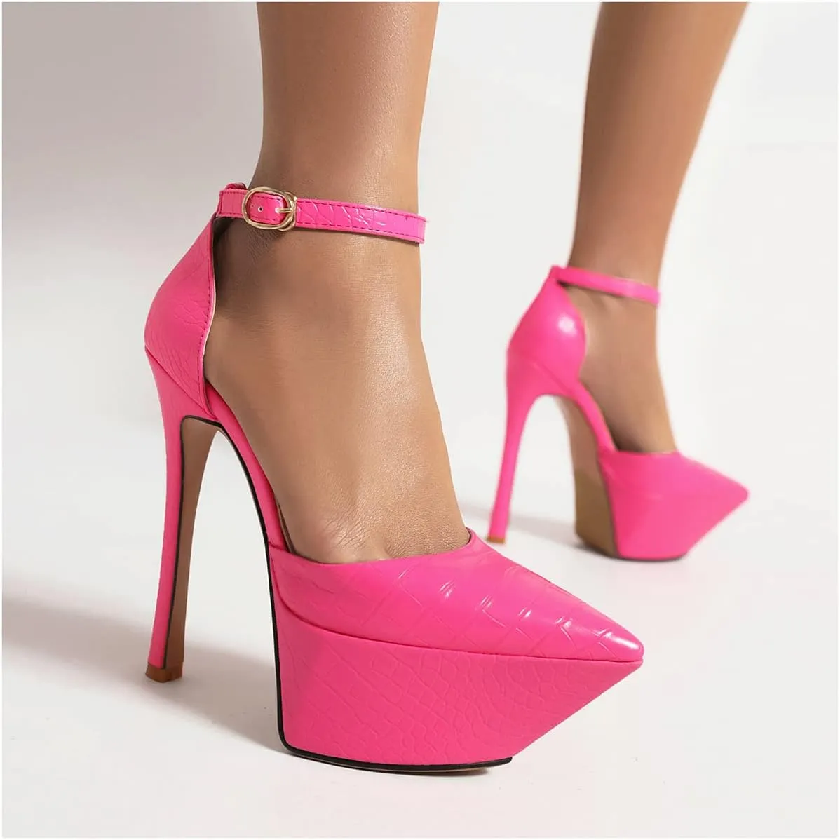 LEMUTISME Women's Sexy Closed Pointed Toe Ankle Strap Platform Stiletto Dress Pumps Chic Crocodile Printed Cut-out High Heels Party Club Shoes
