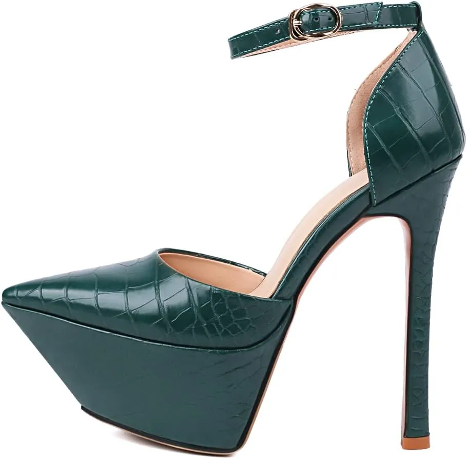 LEMUTISME Women's Sexy Closed Pointed Toe Ankle Strap Platform Stiletto Dress Pumps Chic Crocodile Printed Cut-out High Heels Party Club Shoes