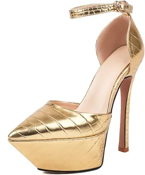 LEMUTISME Women's Sexy Closed Pointed Toe Ankle Strap Platform Stiletto Dress Pumps Chic Crocodile Printed Cut-out High Heels Party Club Shoes