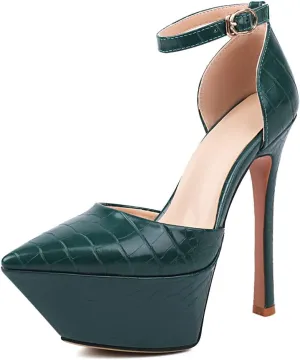 LEMUTISME Women's Sexy Closed Pointed Toe Ankle Strap Platform Stiletto Dress Pumps Chic Crocodile Printed Cut-out High Heels Party Club Shoes
