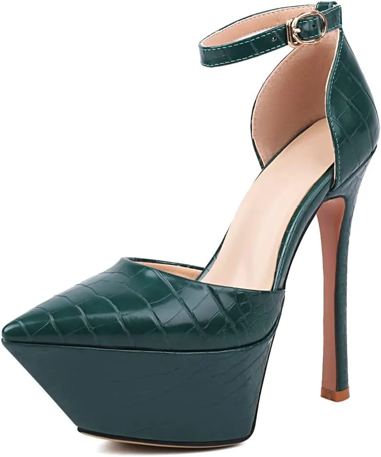 LEMUTISME Women's Sexy Closed Pointed Toe Ankle Strap Platform Stiletto Dress Pumps Chic Crocodile Printed Cut-out High Heels Party Club Shoes