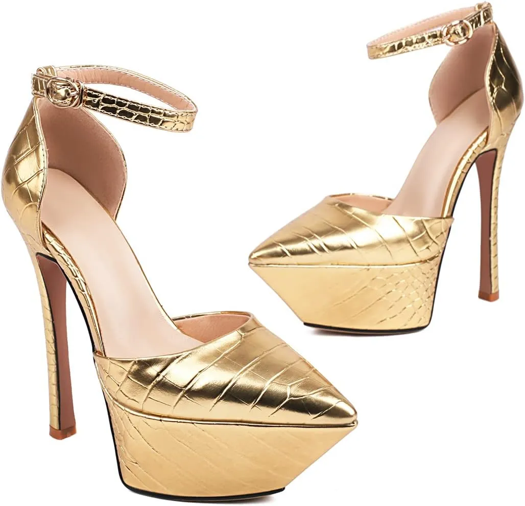 LEMUTISME Women's Sexy Closed Pointed Toe Ankle Strap Platform Stiletto Dress Pumps Chic Crocodile Printed Cut-out High Heels Party Club Shoes
