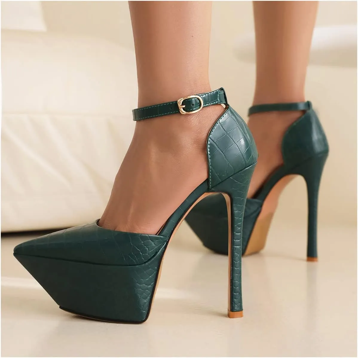 LEMUTISME Women's Sexy Closed Pointed Toe Ankle Strap Platform Stiletto Dress Pumps Chic Crocodile Printed Cut-out High Heels Party Club Shoes