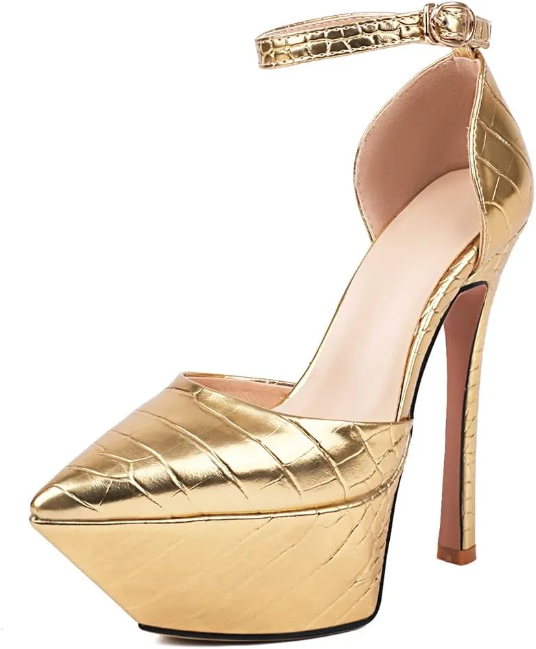 LEMUTISME Women's Sexy Closed Pointed Toe Ankle Strap Platform Stiletto Dress Pumps Chic Crocodile Printed Cut-out High Heels Party Club Shoes