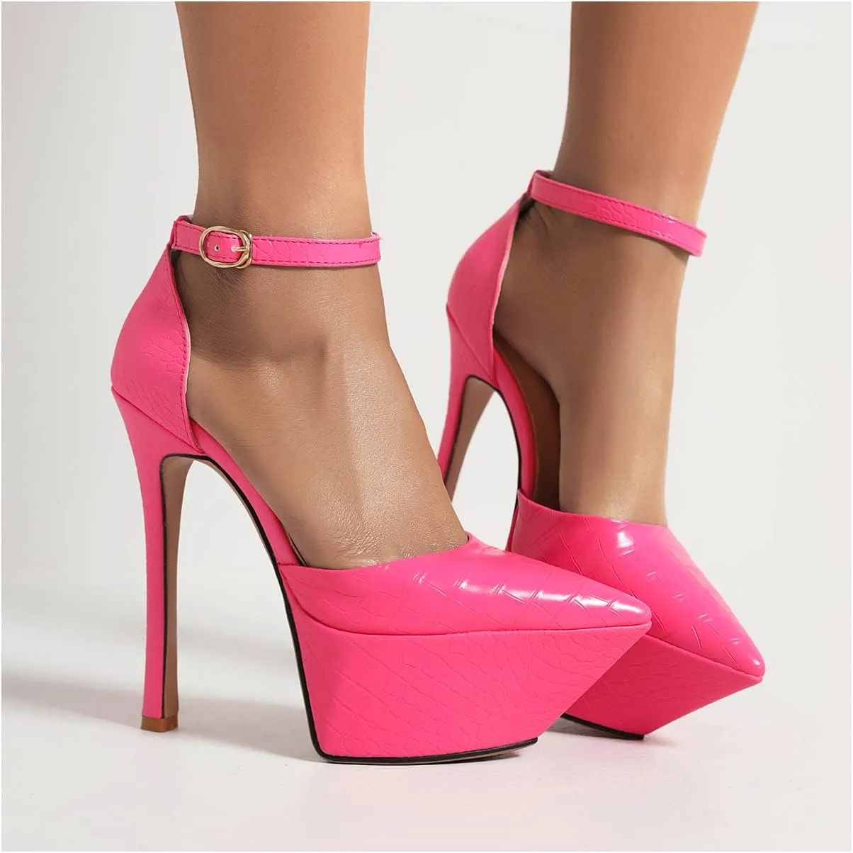 LEMUTISME Women's Sexy Closed Pointed Toe Ankle Strap Platform Stiletto Dress Pumps Chic Crocodile Printed Cut-out High Heels Party Club Shoes