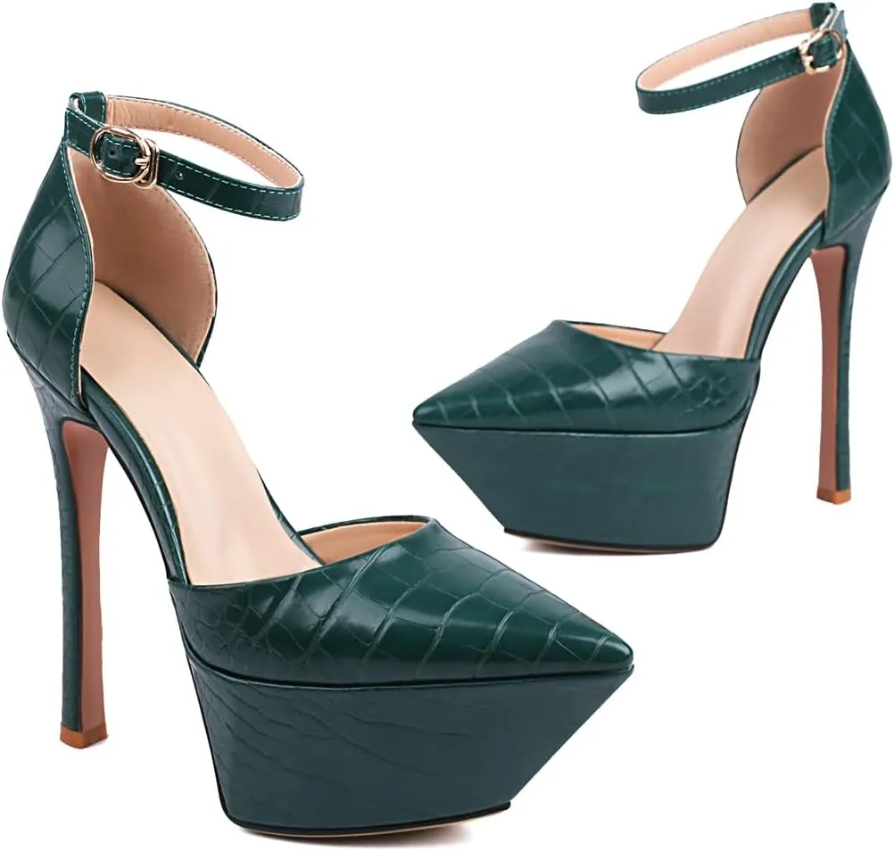 LEMUTISME Women's Sexy Closed Pointed Toe Ankle Strap Platform Stiletto Dress Pumps Chic Crocodile Printed Cut-out High Heels Party Club Shoes