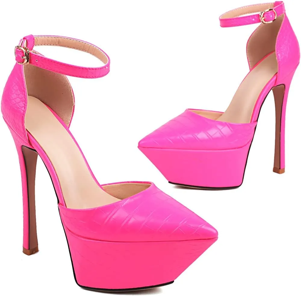 LEMUTISME Women's Sexy Closed Pointed Toe Ankle Strap Platform Stiletto Dress Pumps Chic Crocodile Printed Cut-out High Heels Party Club Shoes