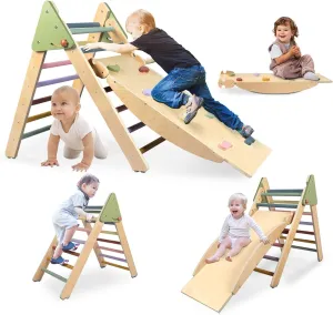 LOL-FUN 4 in 1 Pikler Triangle Set Climber with Ramp & Slide, Large Size Wooden Foldable Toddler Climbing Toys Indoor, Montessori Climbing Toys for Toddlers 1-3 Inside