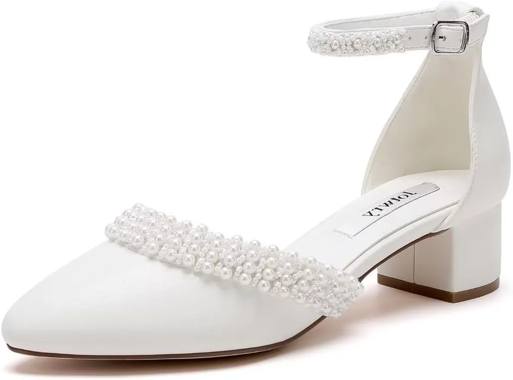 Low Block Heel Wedding Shoes for Bride Pearl Heels for Women Round Toe Bridal Shoes