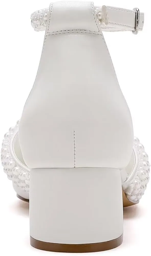 Low Block Heel Wedding Shoes for Bride Pearl Heels for Women Round Toe Bridal Shoes