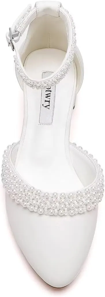 Low Block Heel Wedding Shoes for Bride Pearl Heels for Women Round Toe Bridal Shoes