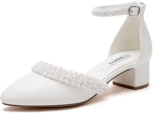 Low Block Heel Wedding Shoes for Bride Pearl Heels for Women Round Toe Bridal Shoes