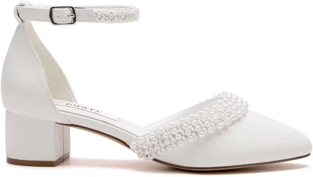 Low Block Heel Wedding Shoes for Bride Pearl Heels for Women Round Toe Bridal Shoes