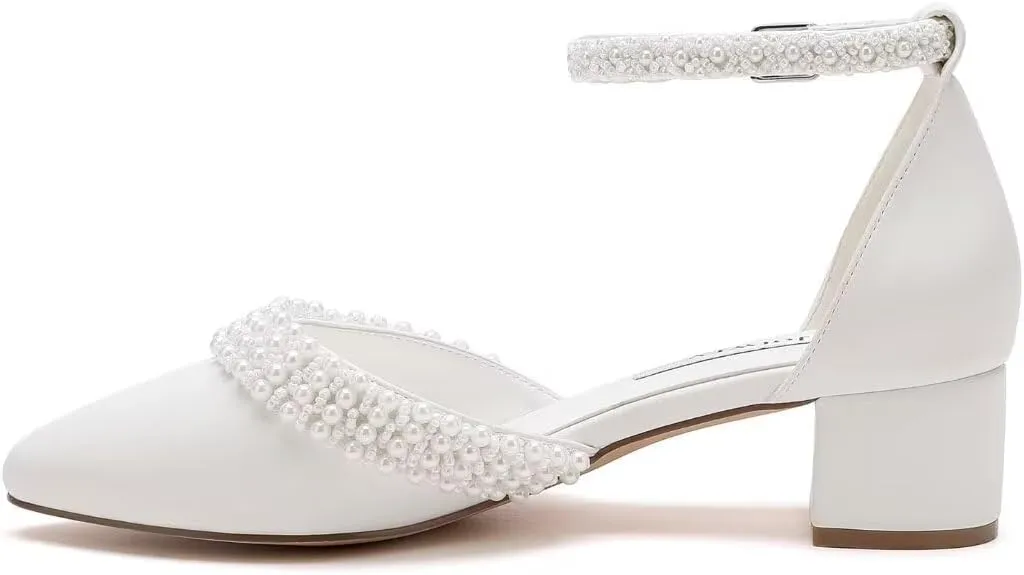 Low Block Heel Wedding Shoes for Bride Pearl Heels for Women Round Toe Bridal Shoes
