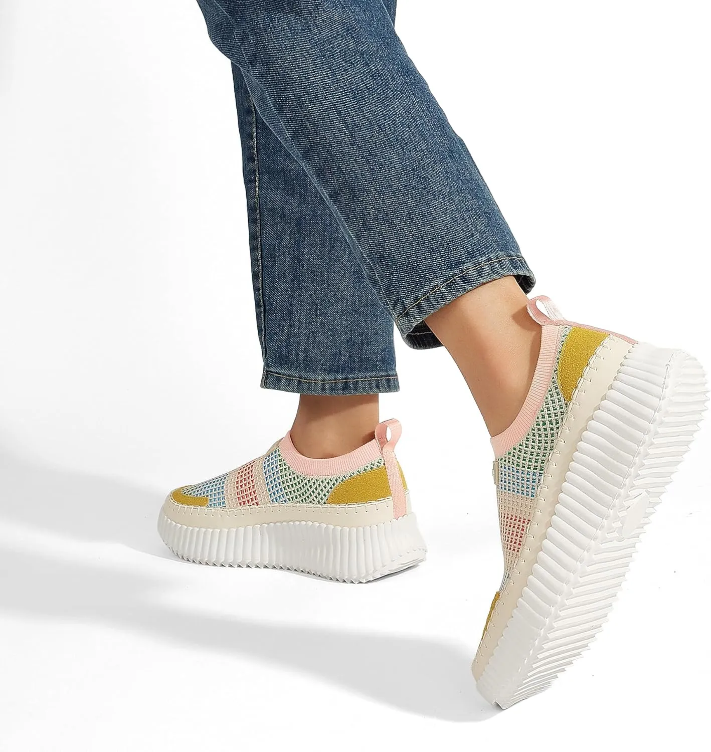 LUCKY STEP Platform Sneakers for Women Slip on Knit Chunky Fashion Casual Retro Braided Tennis Lightweight Walking Shoes