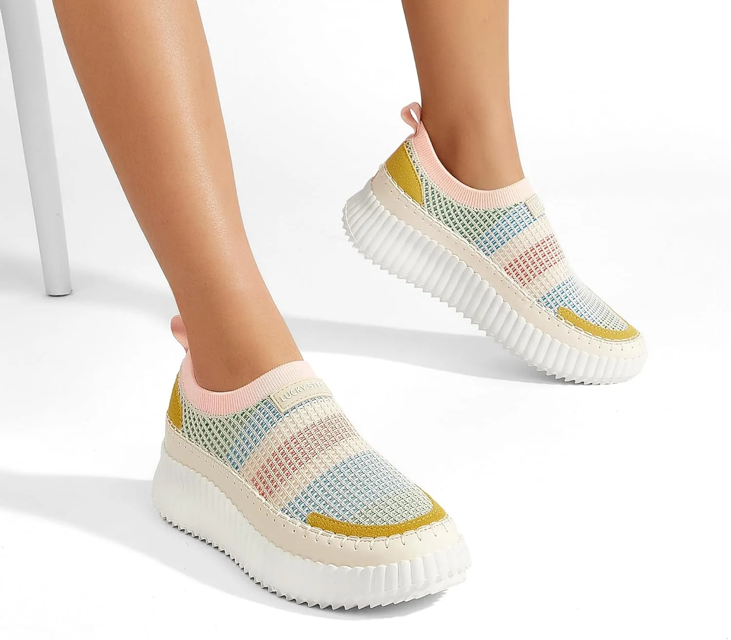 LUCKY STEP Platform Sneakers for Women Slip on Knit Chunky Fashion Casual Retro Braided Tennis Lightweight Walking Shoes