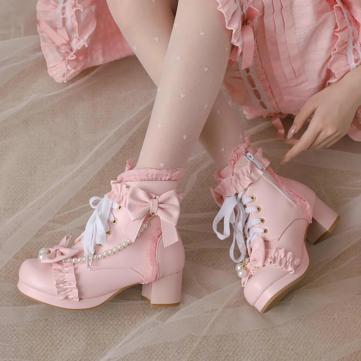 LUXMAX Women Chunky Heel Lace Up Booties Lolita Kawaii Shoes Block Heel Cute Ankle Boots Sweet Lace Boots with Bow