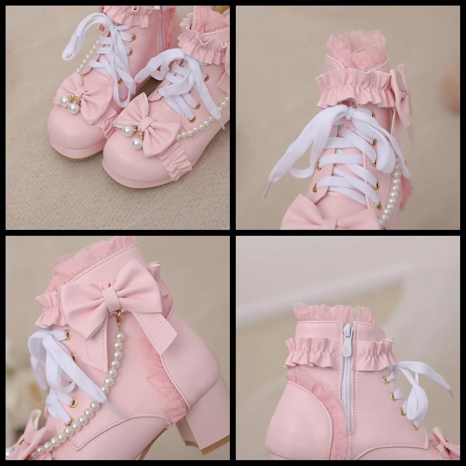 LUXMAX Women Chunky Heel Lace Up Booties Lolita Kawaii Shoes Block Heel Cute Ankle Boots Sweet Lace Boots with Bow