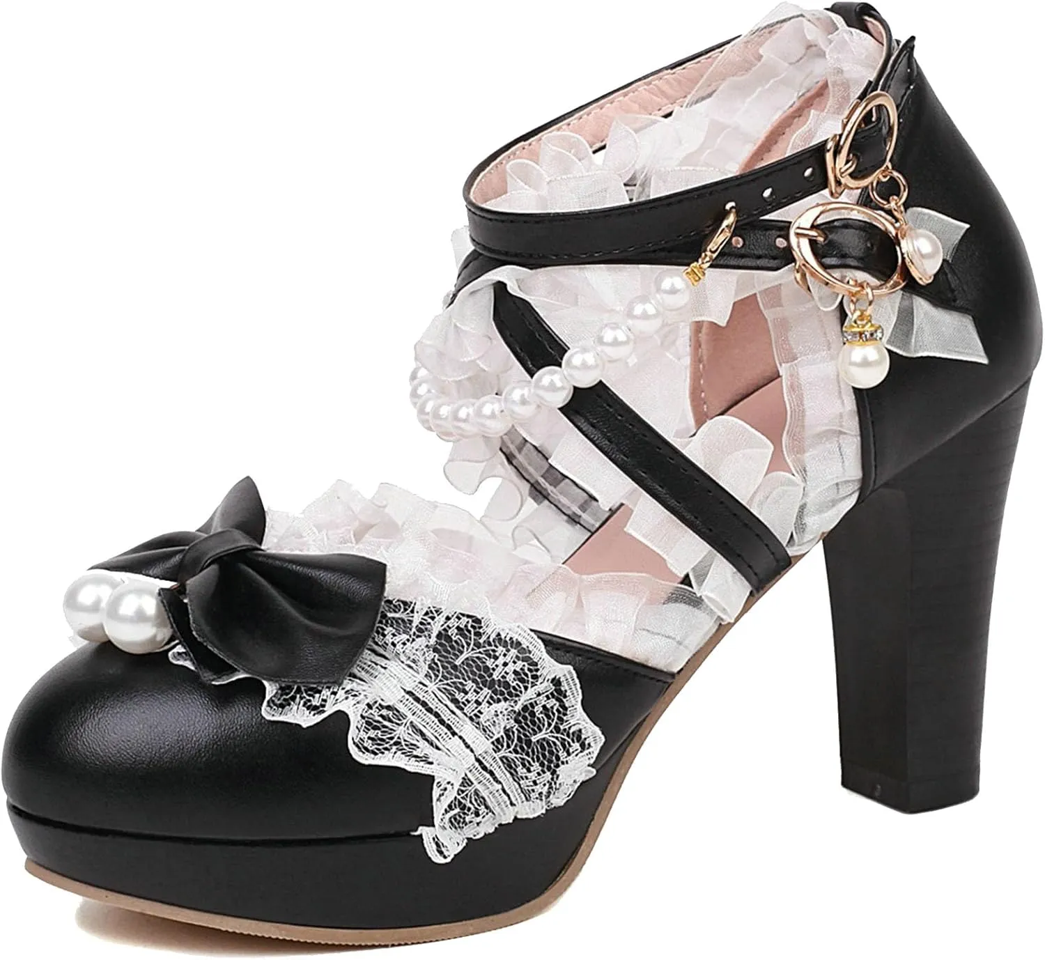 LUXMAX Women Cute Mary Janes Kawaii Shoes Block High Heel Ankle Strap Pumps Sweet Chunky Heel Platform Buckle Pumps with Bow
