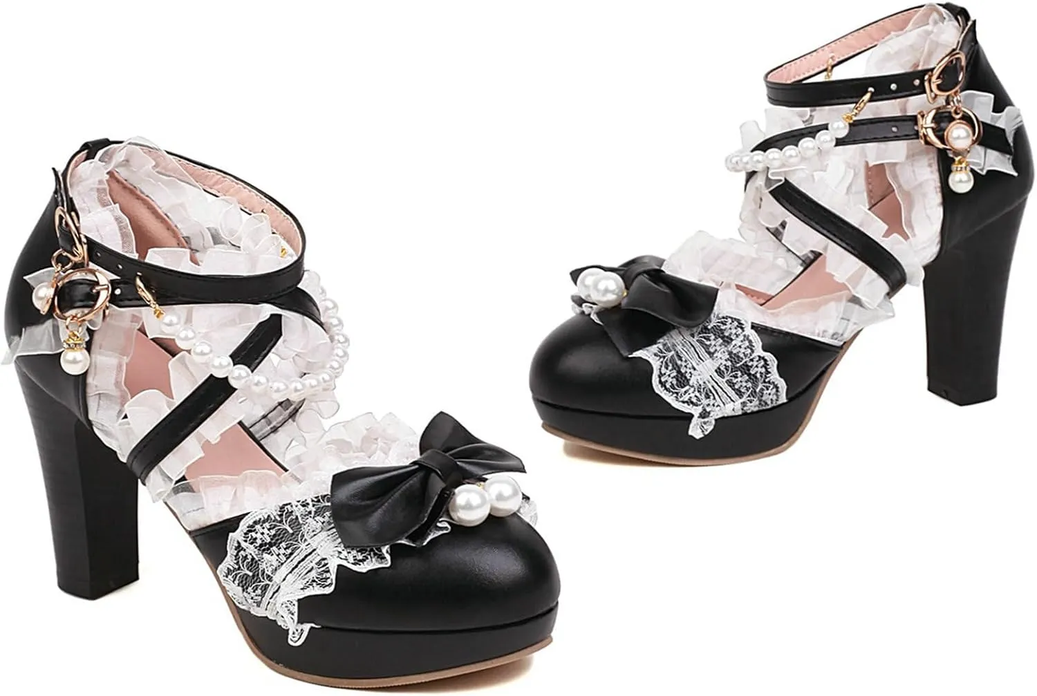 LUXMAX Women Cute Mary Janes Kawaii Shoes Block High Heel Ankle Strap Pumps Sweet Chunky Heel Platform Buckle Pumps with Bow