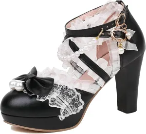 LUXMAX Women Cute Mary Janes Kawaii Shoes Block High Heel Ankle Strap Pumps Sweet Chunky Heel Platform Buckle Pumps with Bow