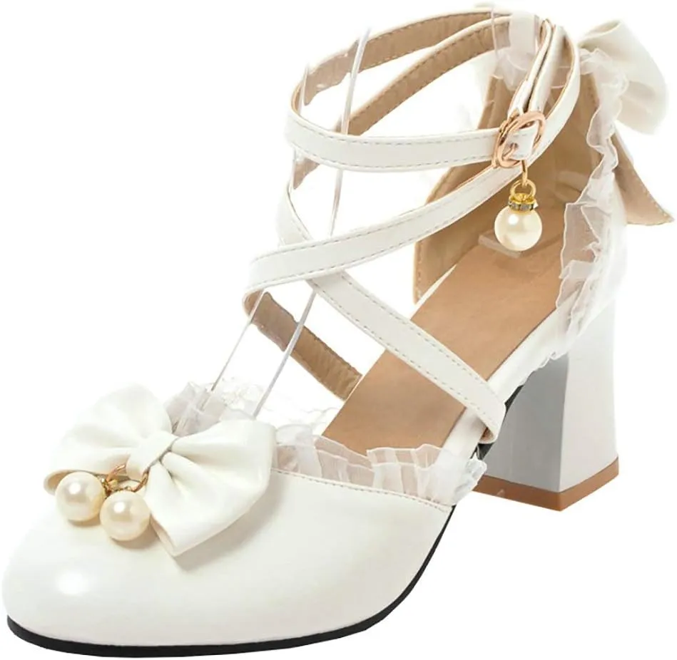 LUXMAX Womens Bow Pumps Cross Strap Block Heel Cute Cosplay Shoes