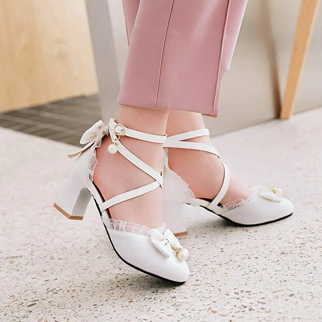 LUXMAX Womens Bow Pumps Cross Strap Block Heel Cute Cosplay Shoes