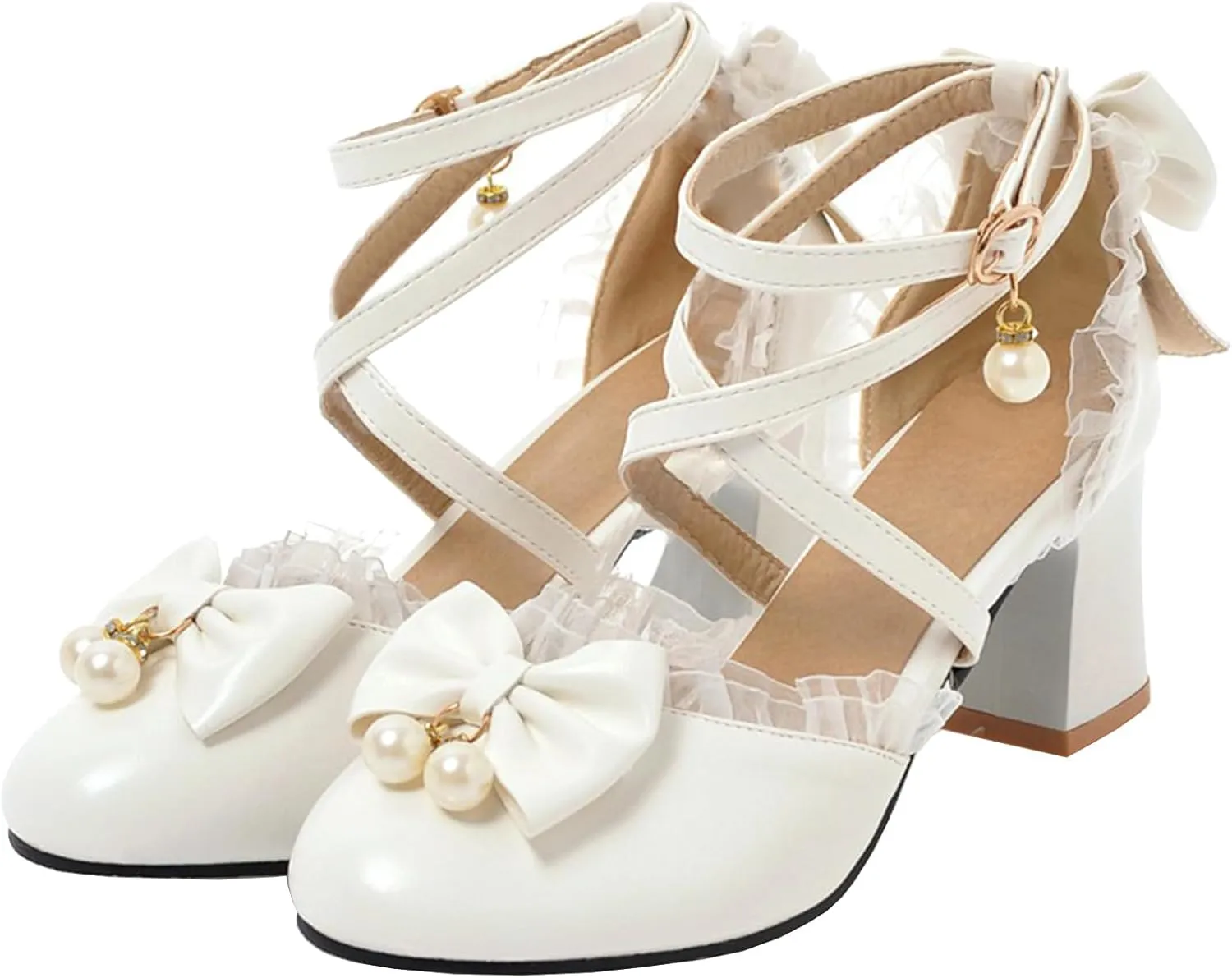 LUXMAX Womens Bow Pumps Cross Strap Block Heel Cute Cosplay Shoes