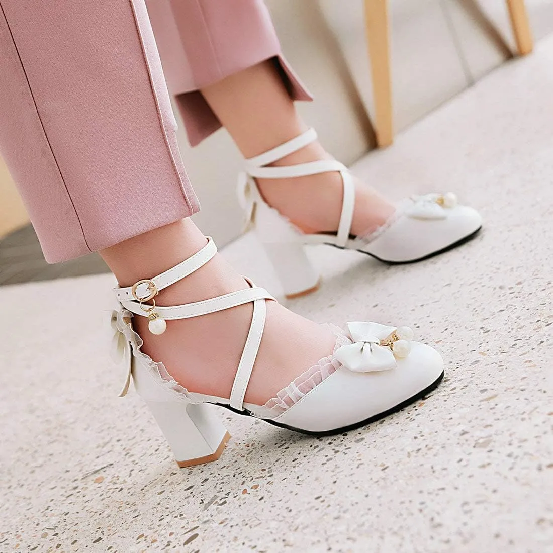 LUXMAX Womens Bow Pumps Cross Strap Block Heel Cute Cosplay Shoes