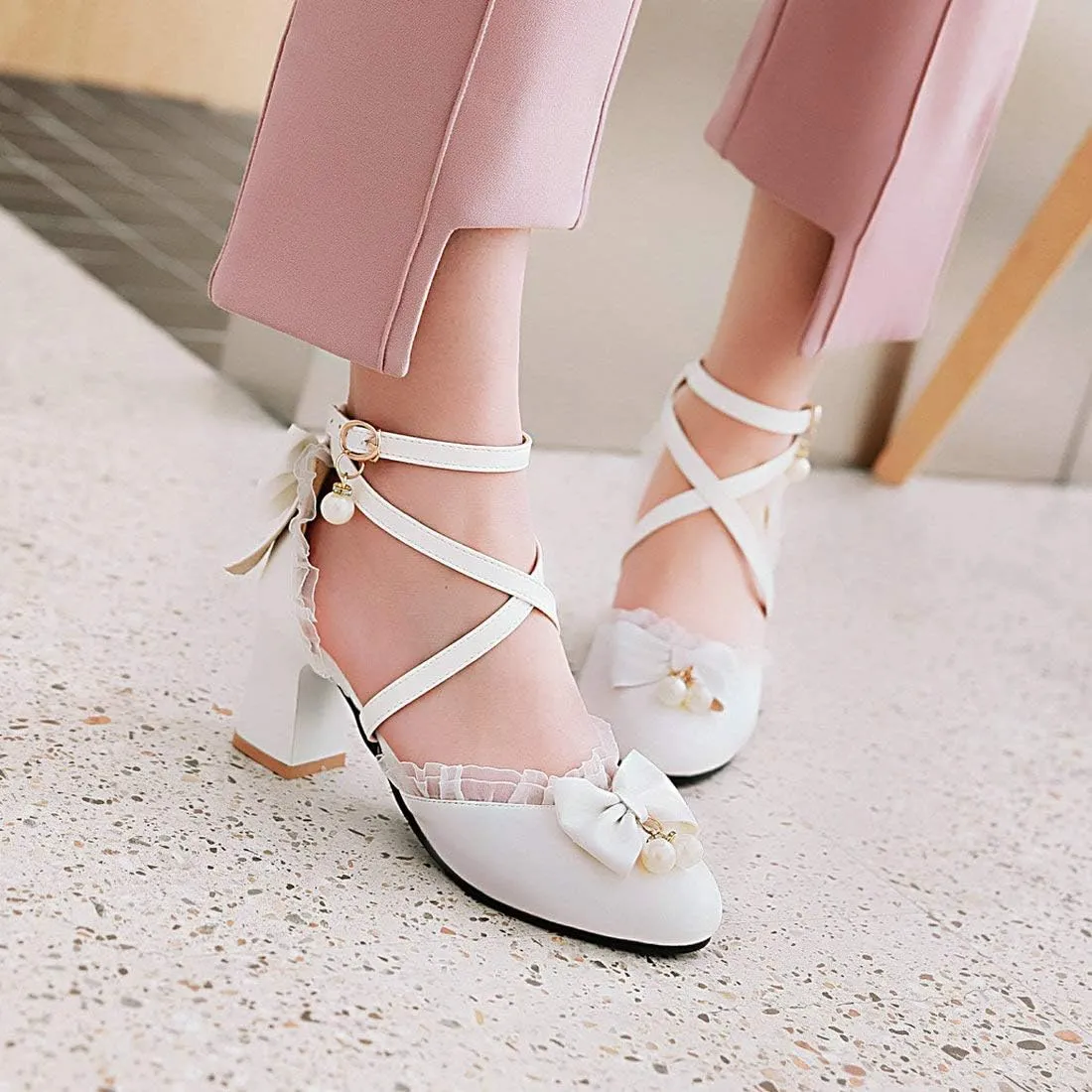 LUXMAX Womens Bow Pumps Cross Strap Block Heel Cute Cosplay Shoes