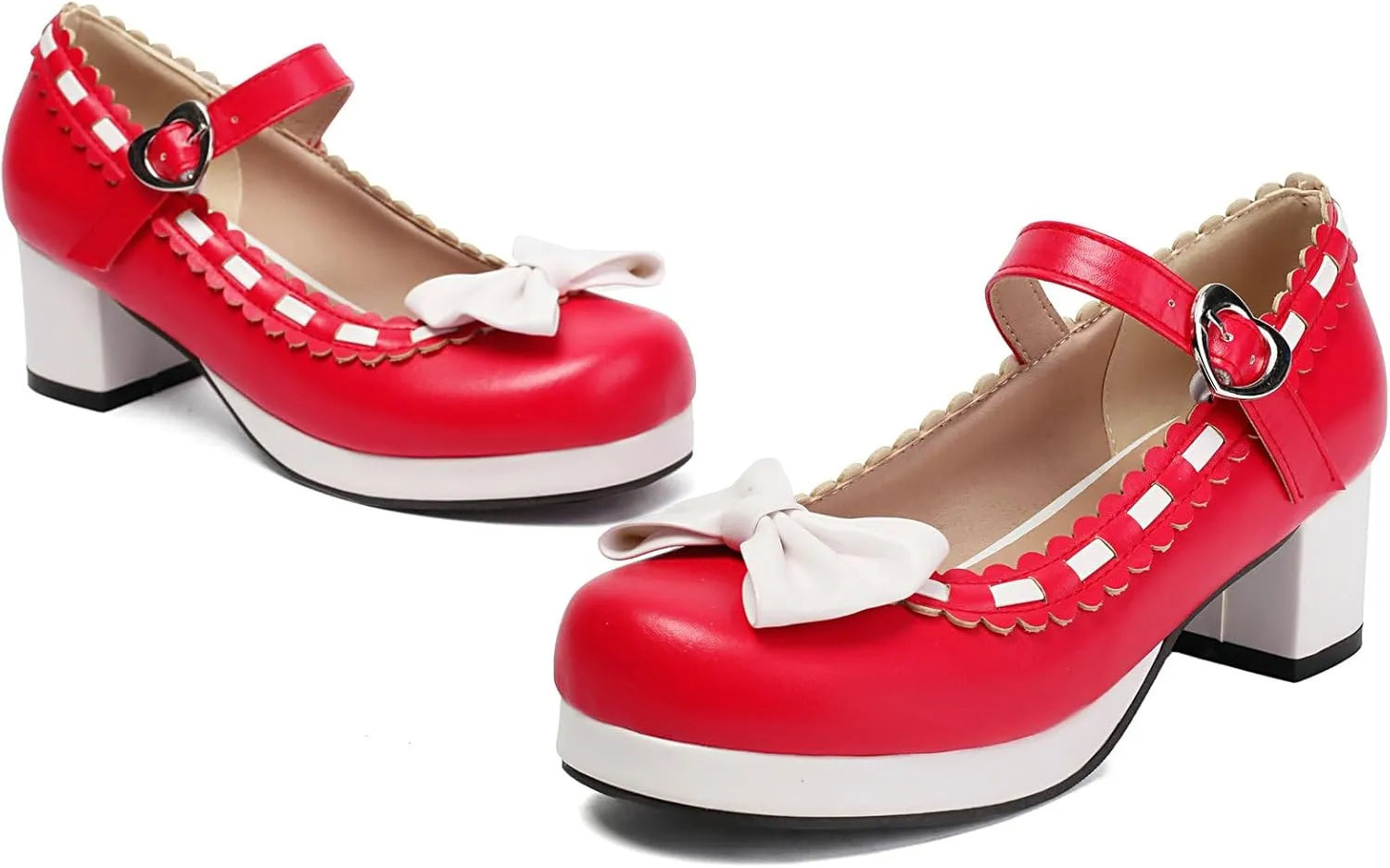LUXMAX Women's Kawaii Heels Cute Mary Janes Bow Shoes Chunky Heel Ankle Strap Pumps Platform High Heel Sweet Cosplay Shoes,Uniform Japanese Style Shoes
