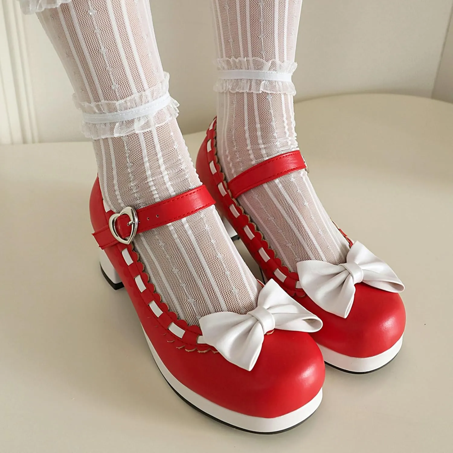 LUXMAX Women's Kawaii Heels Cute Mary Janes Bow Shoes Chunky Heel Ankle Strap Pumps Platform High Heel Sweet Cosplay Shoes,Uniform Japanese Style Shoes