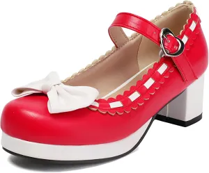 LUXMAX Women's Kawaii Heels Cute Mary Janes Bow Shoes Chunky Heel Ankle Strap Pumps Platform High Heel Sweet Cosplay Shoes,Uniform Japanese Style Shoes