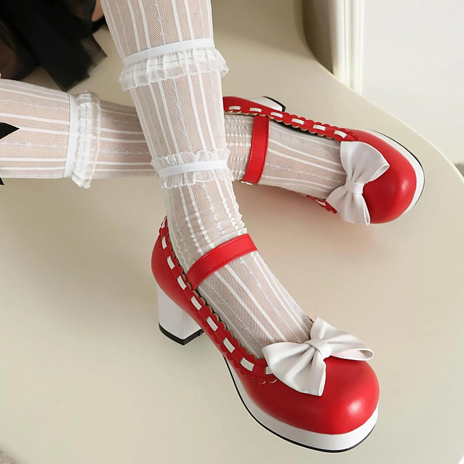 LUXMAX Women's Kawaii Heels Cute Mary Janes Bow Shoes Chunky Heel Ankle Strap Pumps Platform High Heel Sweet Cosplay Shoes,Uniform Japanese Style Shoes