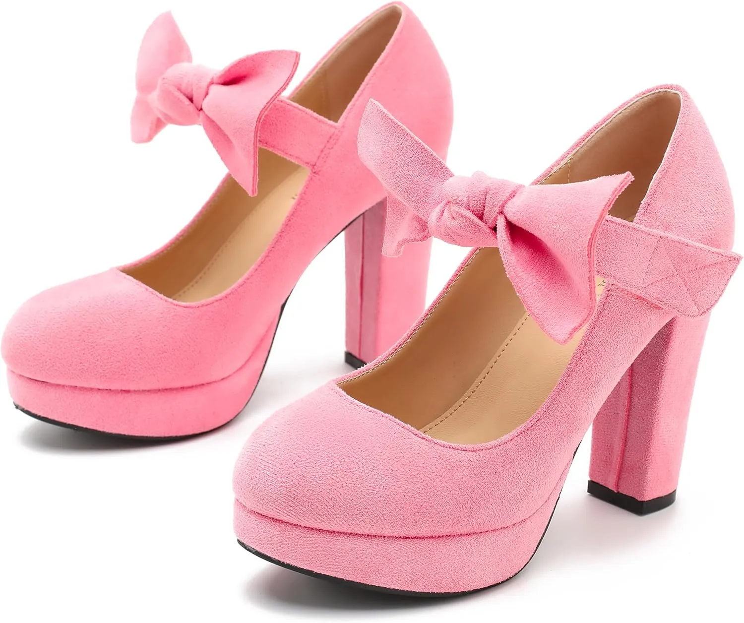 MAIERNISI JESSI Women's Bow Heel Pumps Removable Bow Platform Chunky High Heeled Wedding Dress Shoes