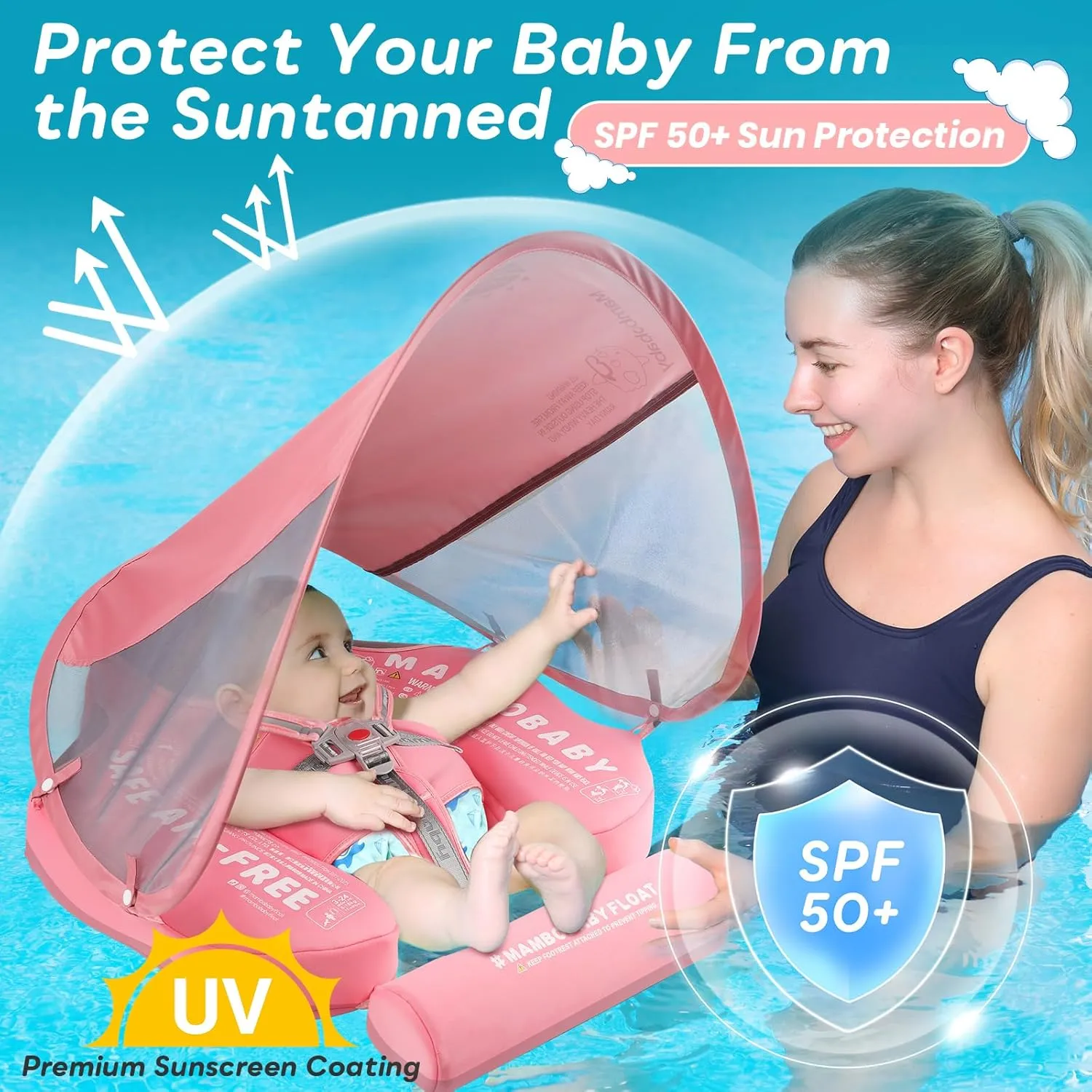Mambobaby Baby Pool Float with Canopy, Non-Inflatable Infant Swimming Float, Soft Waterproof Skin-Friendly Material, Solid Avoid Flip Floatie with Tail, UPF 50  Bathtub Swim Ring for 3-24 Months Kids