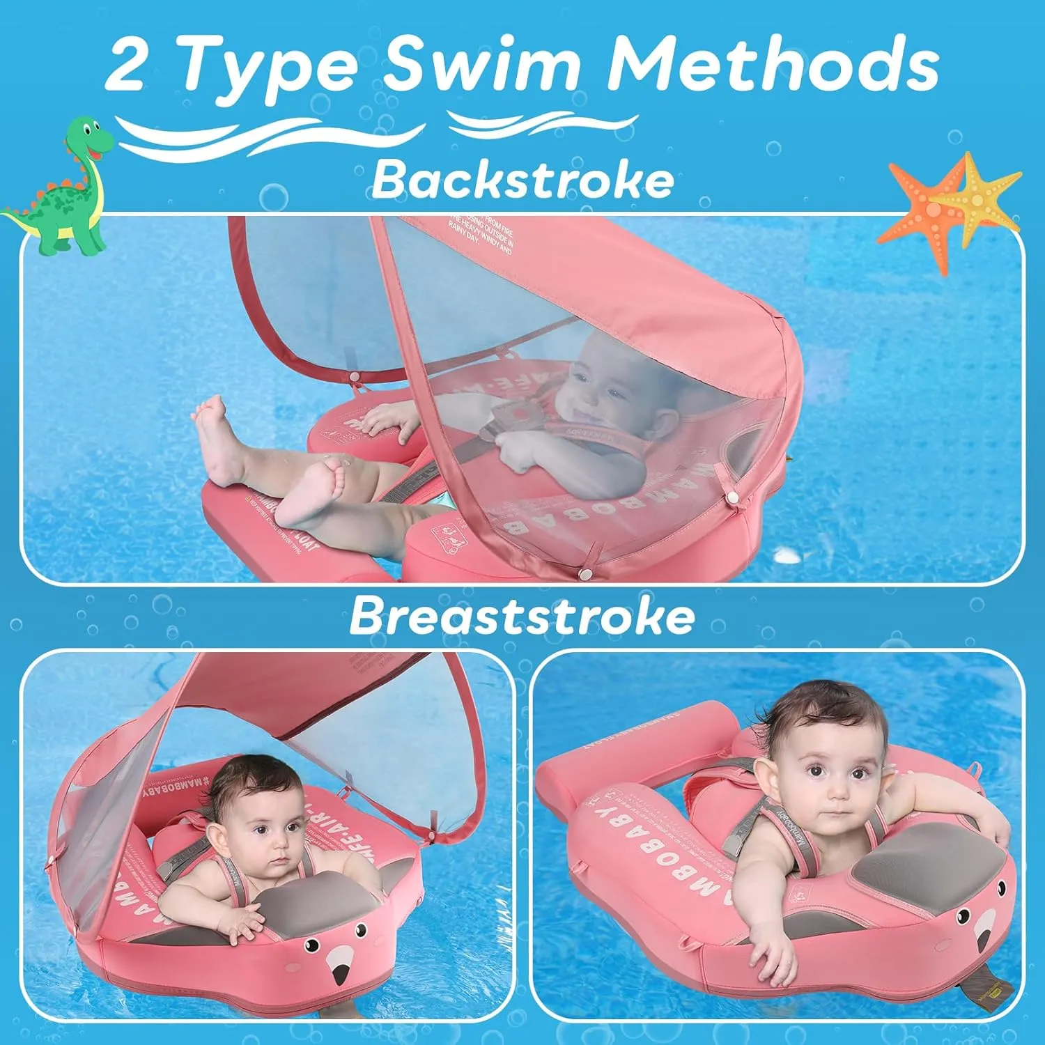 Mambobaby Baby Pool Float with Canopy, Non-Inflatable Infant Swimming Float, Soft Waterproof Skin-Friendly Material, Solid Avoid Flip Floatie with Tail, UPF 50  Bathtub Swim Ring for 3-24 Months Kids