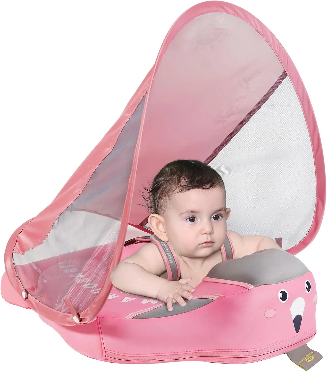 Mambobaby Baby Pool Float with Canopy, Non-Inflatable Infant Swimming Float, Soft Waterproof Skin-Friendly Material, Solid Avoid Flip Floatie with Tail, UPF 50  Bathtub Swim Ring for 3-24 Months Kids