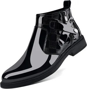 Men's Patent Leather Chunky Heel Chelsea Boots with Side Zipper Retro Round Head Square Texture Warm Plush Lining Business Formal Short Boots