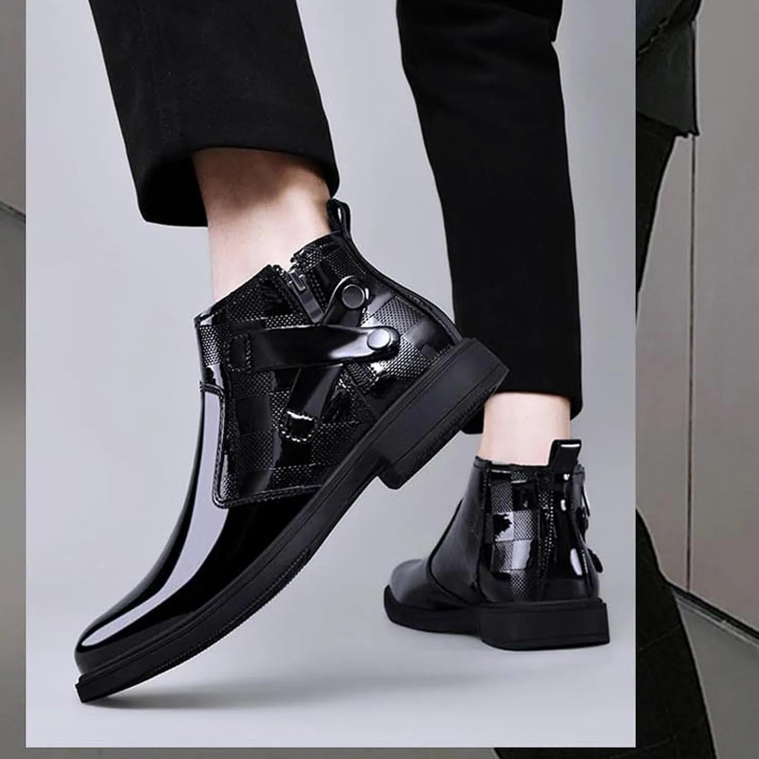 Men's Patent Leather Chunky Heel Chelsea Boots with Side Zipper Retro Round Head Square Texture Warm Plush Lining Business Formal Short Boots