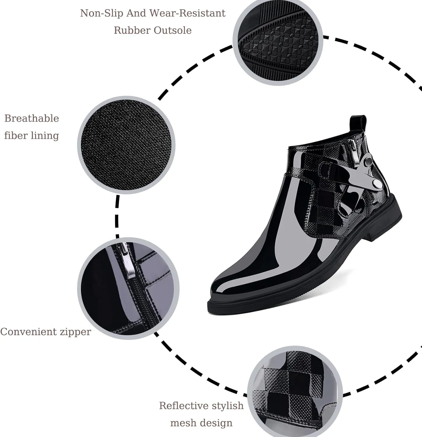 Men's Patent Leather Chunky Heel Chelsea Boots with Side Zipper Retro Round Head Square Texture Warm Plush Lining Business Formal Short Boots
