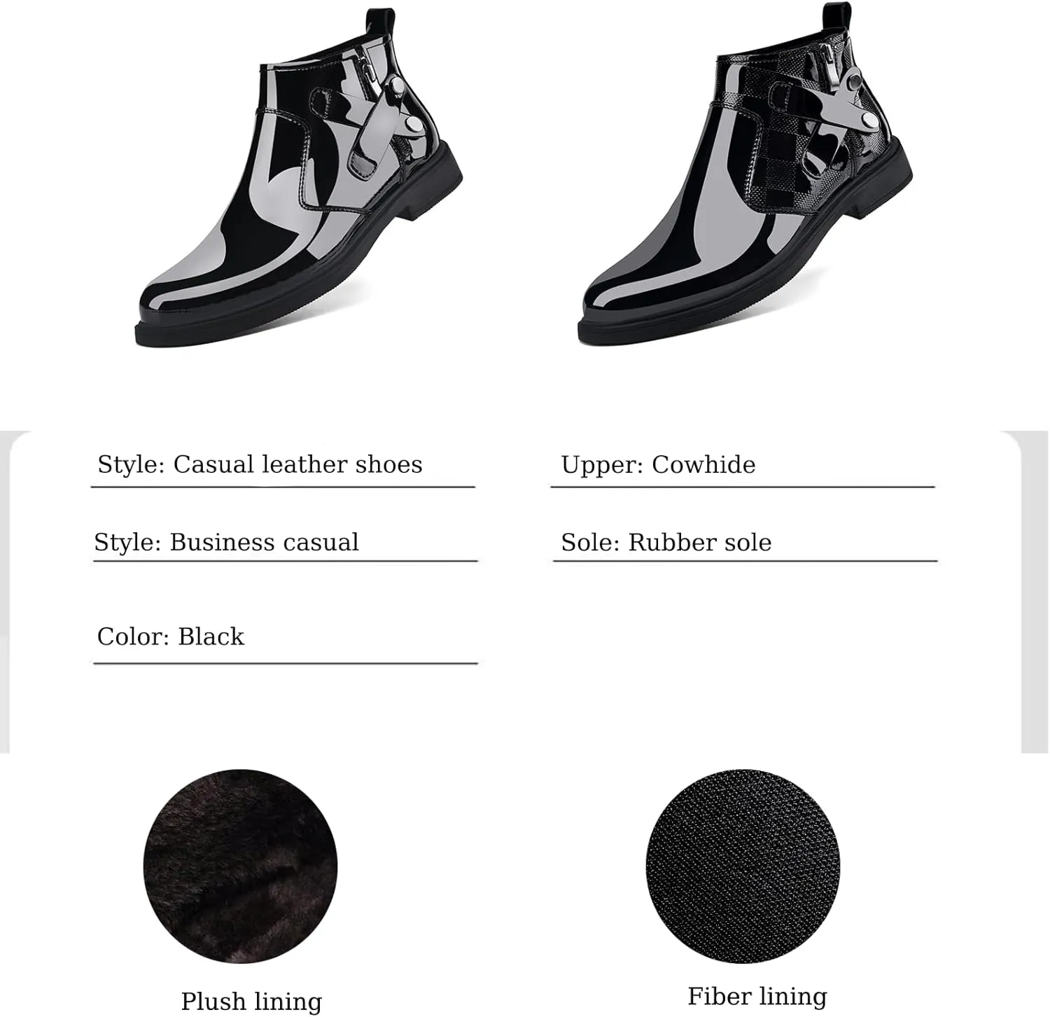 Men's Patent Leather Chunky Heel Chelsea Boots with Side Zipper Retro Round Head Square Texture Warm Plush Lining Business Formal Short Boots