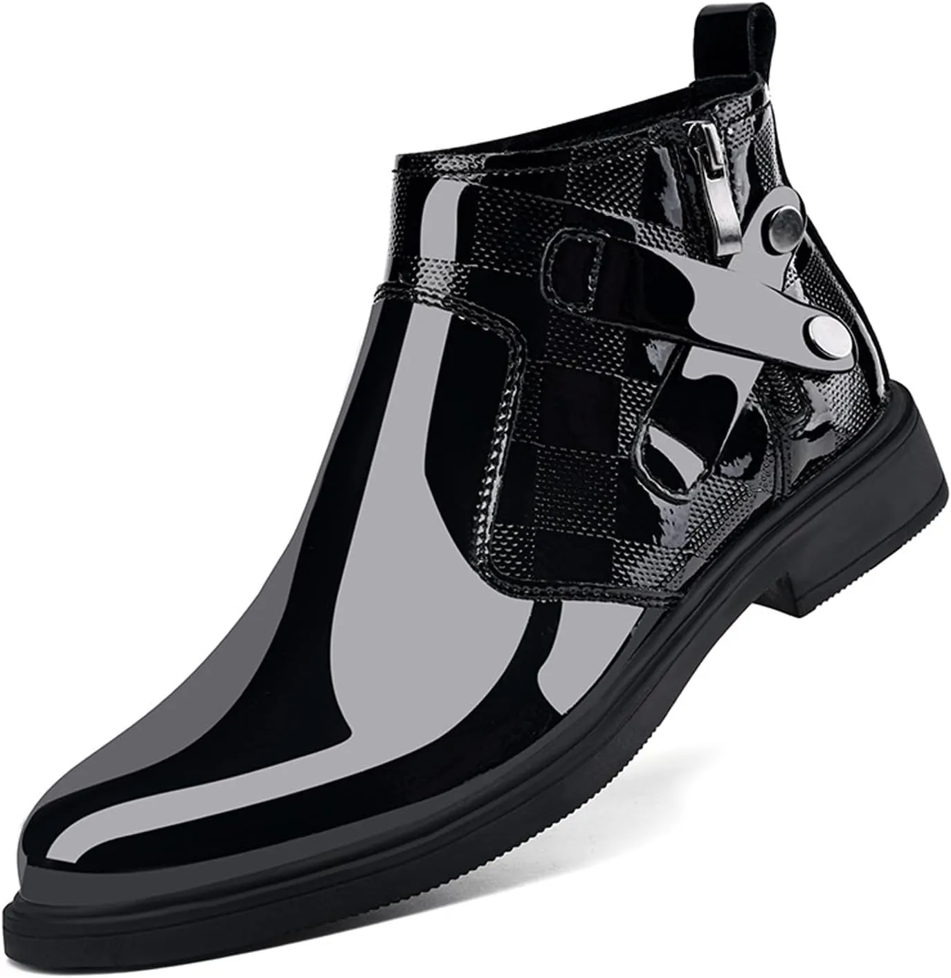 Men's Patent Leather Chunky Heel Chelsea Boots with Side Zipper Retro Round Head Square Texture Warm Plush Lining Business Formal Short Boots